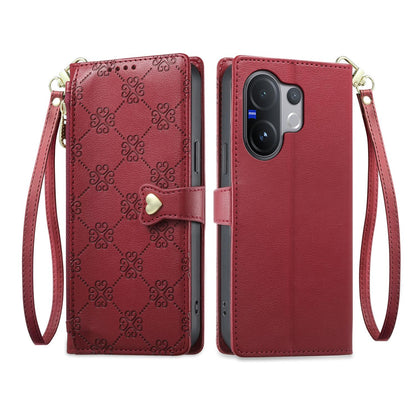 For vivo V60 5G / vivo V60e 5G Zipper Wallet Heart Buckle Vegan Leather Phone Case with Wrist Strap(Red)