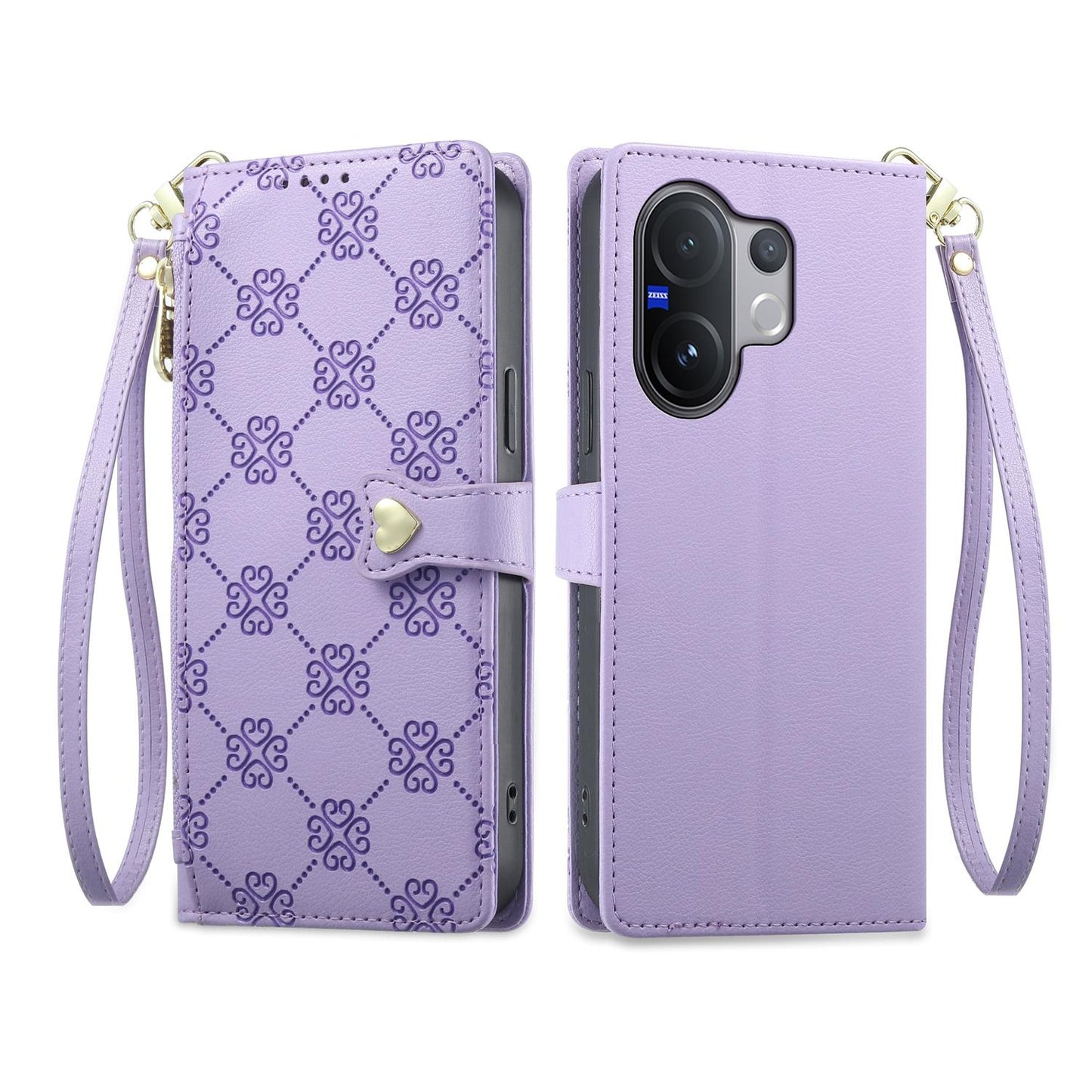 For vivo V60 5G / vivo V60e 5G Zipper Wallet Heart Buckle Vegan Leather Phone Case with Wrist Strap(Purple)