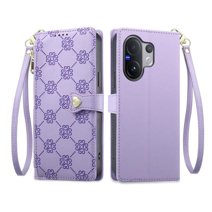 For vivo V60 5G / vivo V60e 5G Zipper Wallet Heart Buckle Vegan Leather Phone Case with Wrist Strap(Purple)