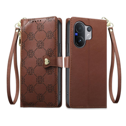 For vivo V60 5G / vivo V60e 5G Zipper Wallet Heart Buckle Vegan Leather Phone Case with Wrist Strap(Brown)