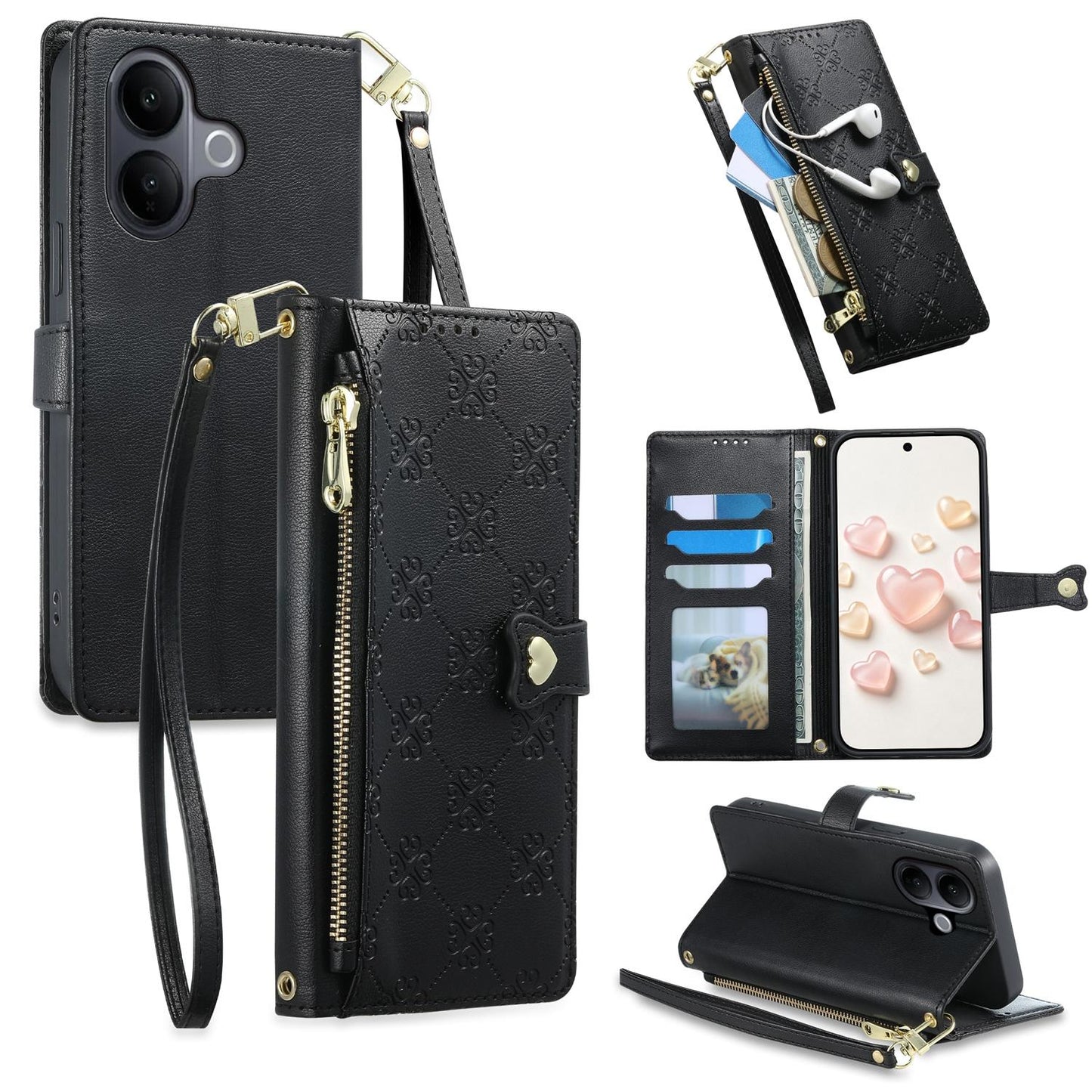 For vivo V60 Lite 5G Zipper Wallet Heart Buckle Vegan Leather Phone Case with Wrist Strap(Black)