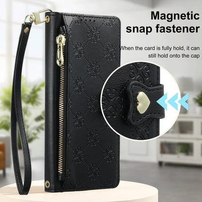 For vivo V60 Lite 5G Zipper Wallet Heart Buckle Vegan Leather Phone Case with Wrist Strap(Black)