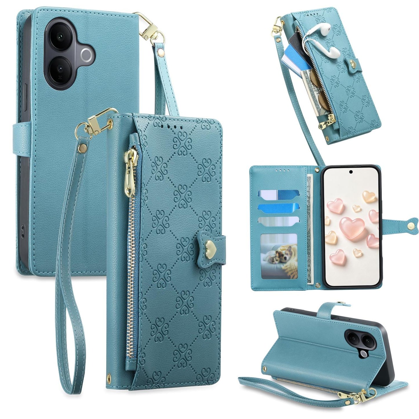 For vivo V60 Lite 5G Zipper Wallet Heart Buckle Vegan Leather Phone Case with Wrist Strap(Lake Blue)