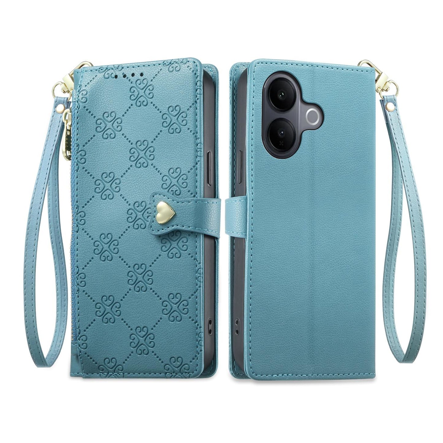 For vivo V60 Lite 5G Zipper Wallet Heart Buckle Vegan Leather Phone Case with Wrist Strap(Lake Blue)