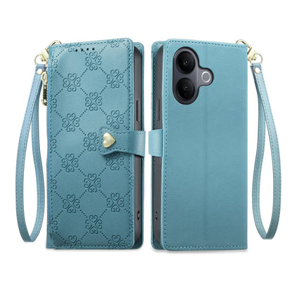 For vivo V60 Lite 5G Zipper Wallet Heart Buckle Vegan Leather Phone Case with Wrist Strap(Lake Blue)