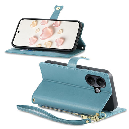 For vivo V60 Lite 5G Zipper Wallet Heart Buckle Vegan Leather Phone Case with Wrist Strap(Lake Blue)