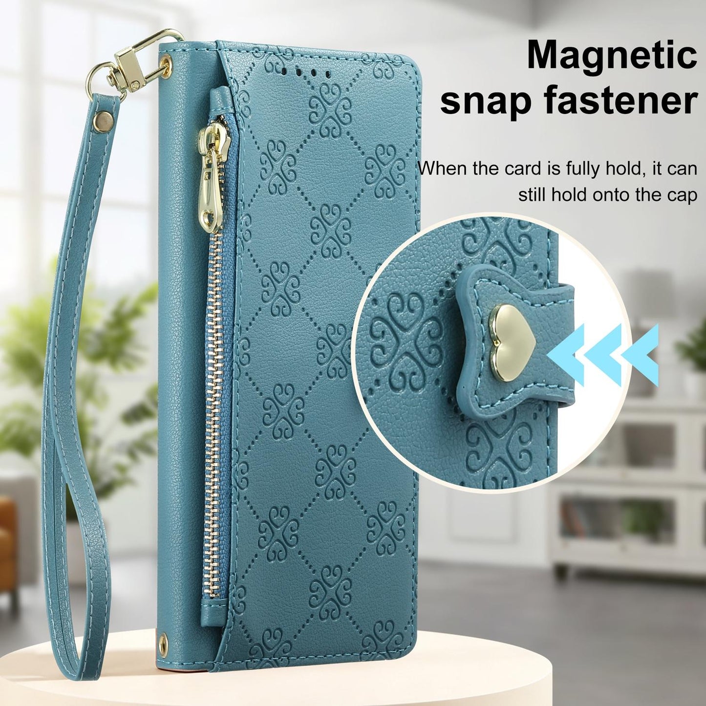 For vivo V60 Lite 5G Zipper Wallet Heart Buckle Vegan Leather Phone Case with Wrist Strap(Lake Blue)