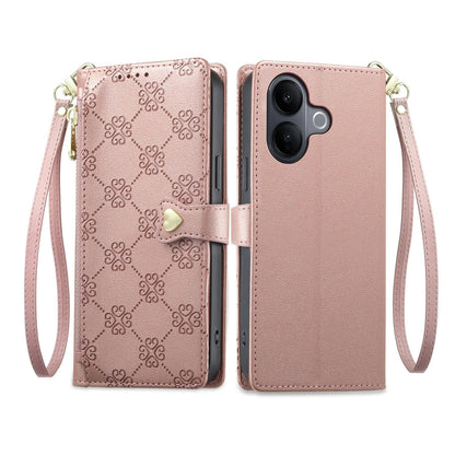 For vivo V60 Lite 5G Zipper Wallet Heart Buckle Vegan Leather Phone Case with Wrist Strap(Pink)