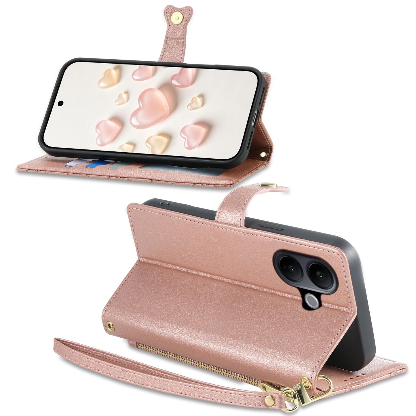 For vivo V60 Lite 5G Zipper Wallet Heart Buckle Vegan Leather Phone Case with Wrist Strap(Pink)