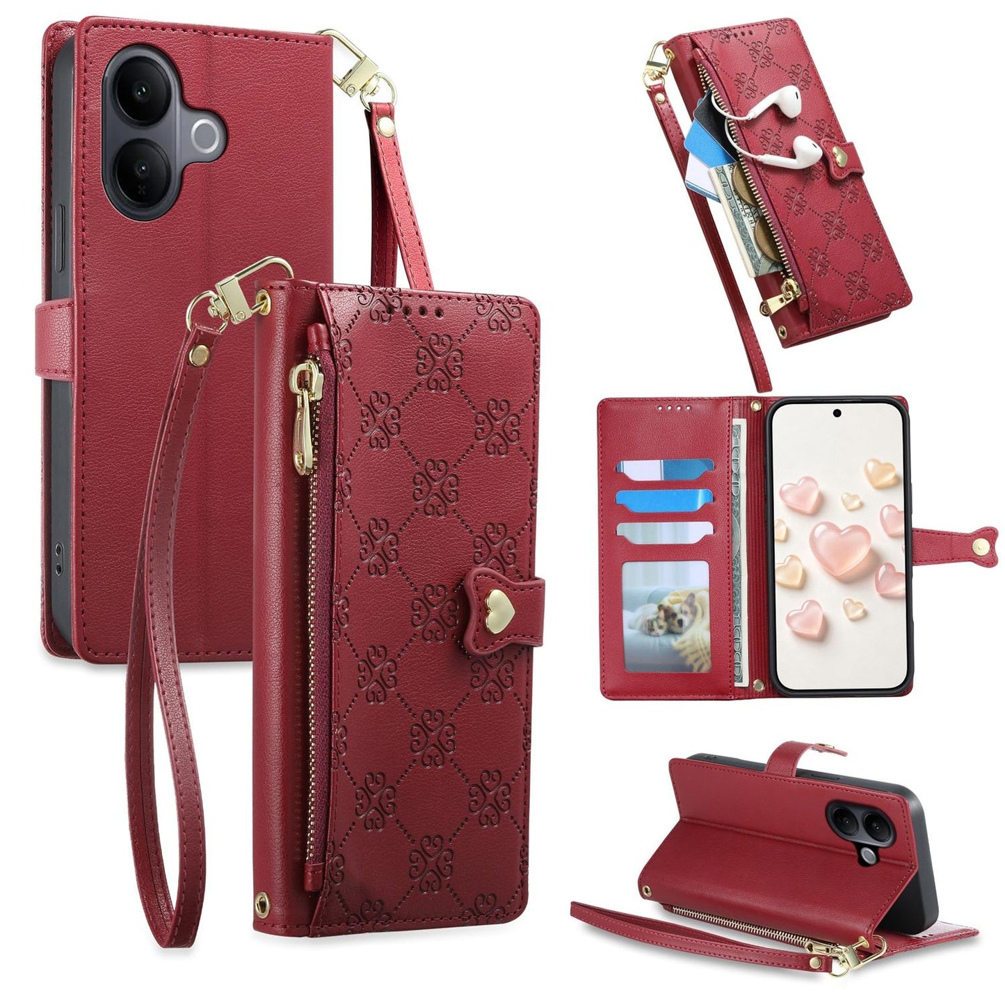 For vivo V60 Lite 5G Zipper Wallet Heart Buckle Vegan Leather Phone Case with Wrist Strap(Red)