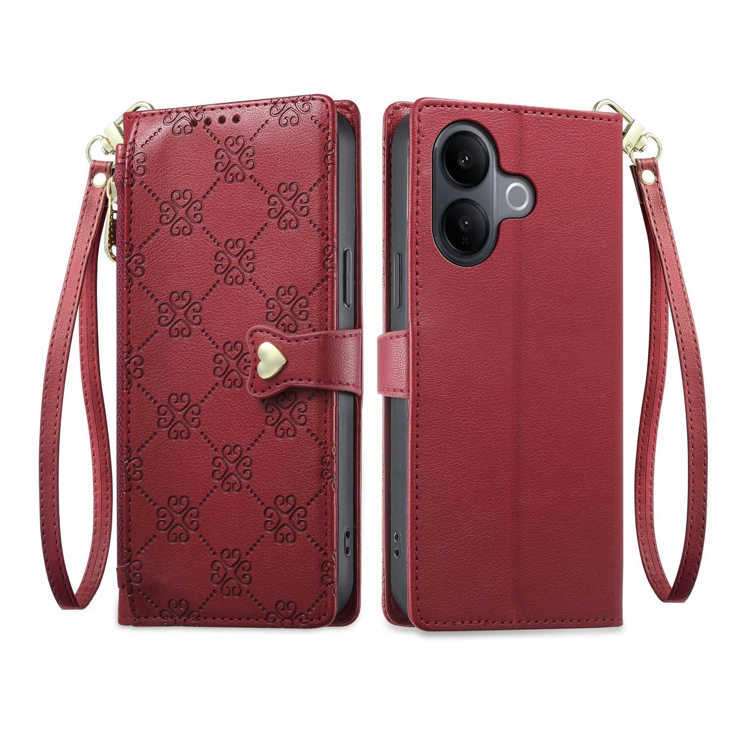 For vivo V60 Lite 5G Zipper Wallet Heart Buckle Vegan Leather Phone Case with Wrist Strap(Red)