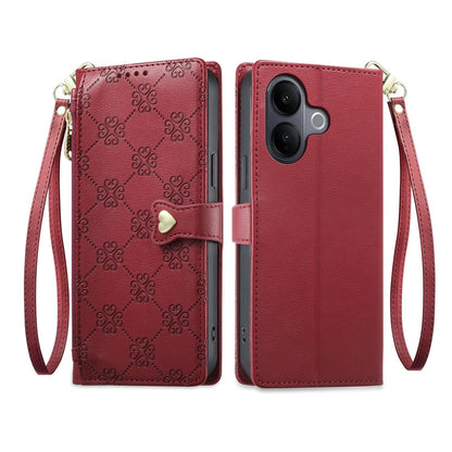 For vivo V60 Lite 5G Zipper Wallet Heart Buckle Vegan Leather Phone Case with Wrist Strap(Red)