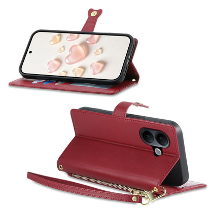 For vivo V60 Lite 5G Zipper Wallet Heart Buckle Vegan Leather Phone Case with Wrist Strap(Red)