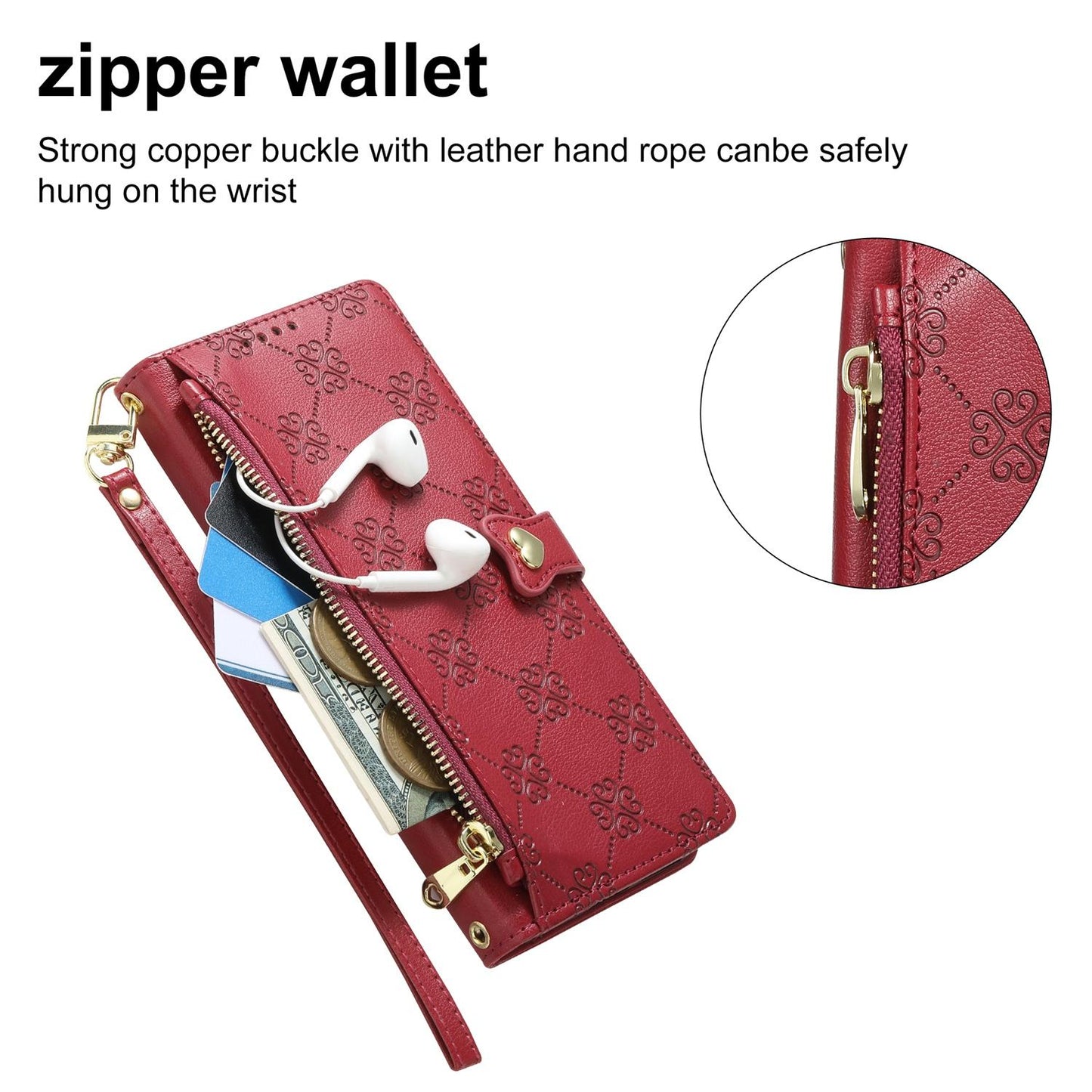 For vivo V60 Lite 5G Zipper Wallet Heart Buckle Vegan Leather Phone Case with Wrist Strap(Red)