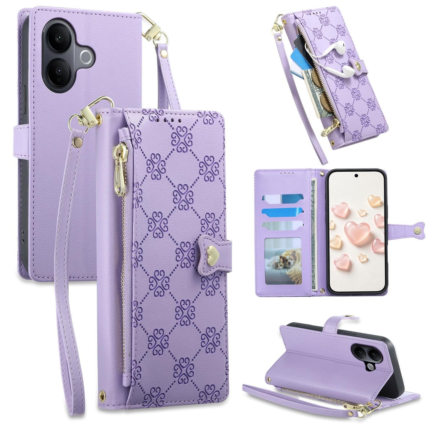 For vivo V60 Lite 5G Zipper Wallet Heart Buckle Vegan Leather Phone Case with Wrist Strap(Purple)