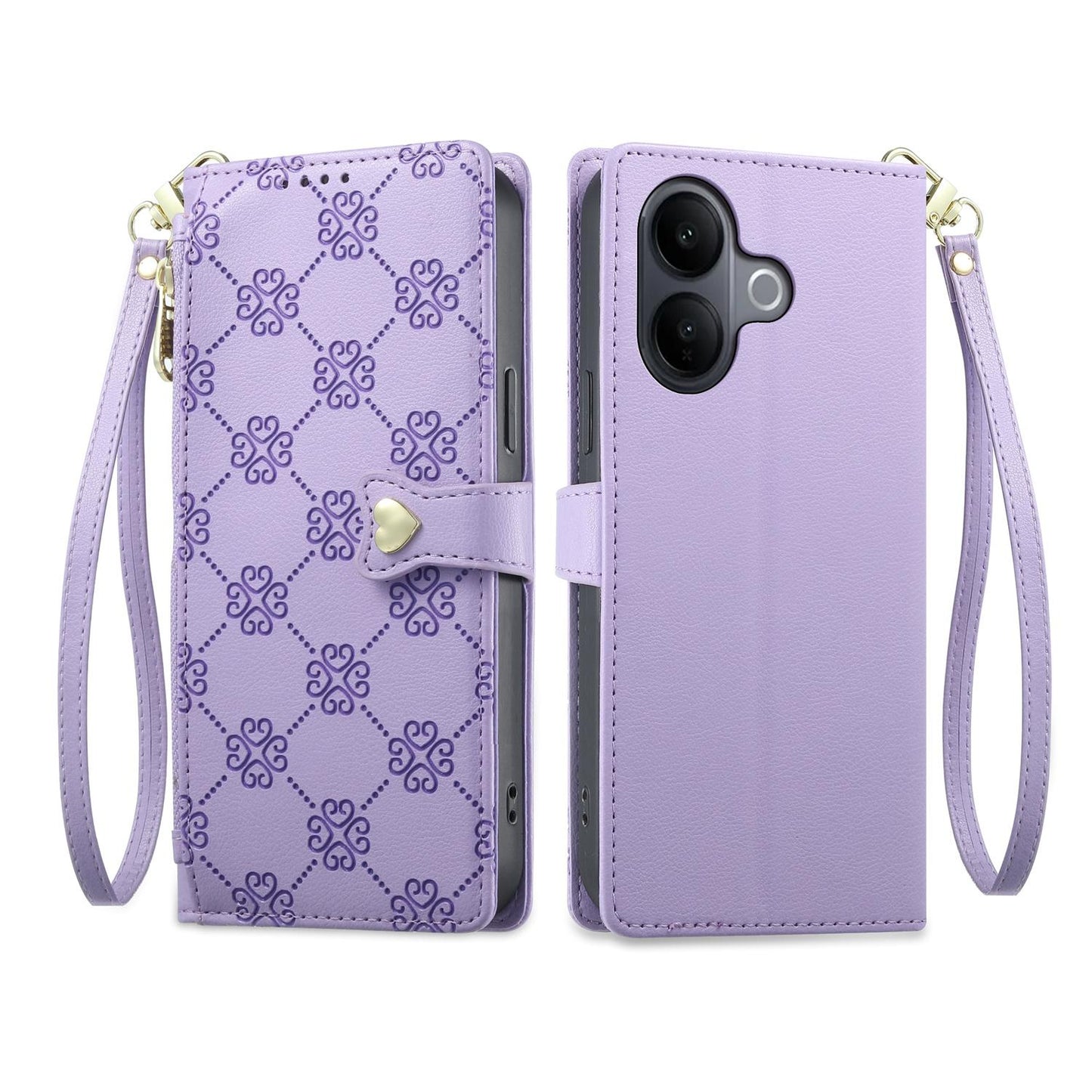 For vivo V60 Lite 5G Zipper Wallet Heart Buckle Vegan Leather Phone Case with Wrist Strap(Purple)
