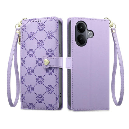 For vivo V60 Lite 5G Zipper Wallet Heart Buckle Vegan Leather Phone Case with Wrist Strap(Purple)
