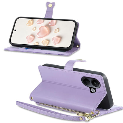 For vivo V60 Lite 5G Zipper Wallet Heart Buckle Vegan Leather Phone Case with Wrist Strap(Purple)