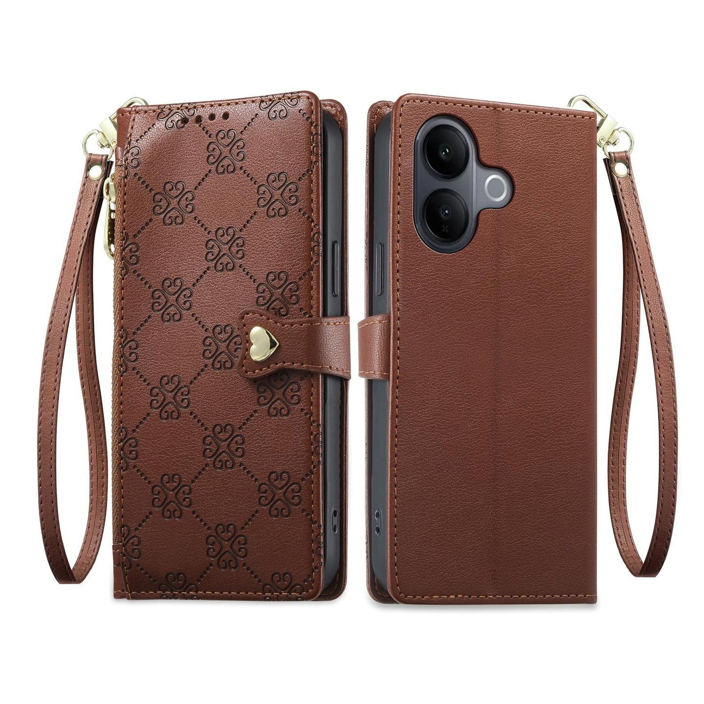 For vivo V60 Lite 5G Zipper Wallet Heart Buckle Vegan Leather Phone Case with Wrist Strap(Brown)