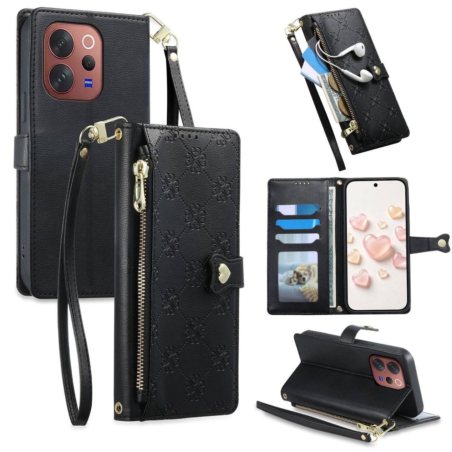 For vivo V70 5G / vivo V70 Elite 5G Zipper Wallet Heart Buckle Vegan Leather Phone Case with Wrist Strap(Black)