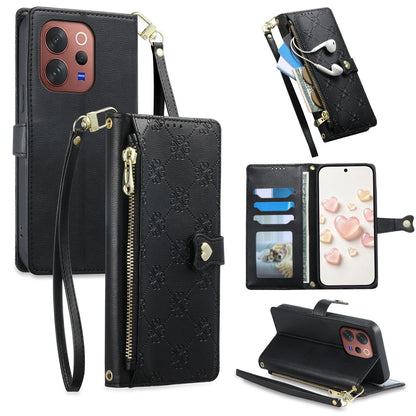 For vivo V70 5G / vivo V70 Elite 5G Zipper Wallet Heart Buckle Vegan Leather Phone Case with Wrist Strap(Black)