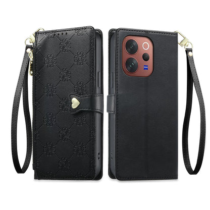 For vivo V70 5G / vivo V70 Elite 5G Zipper Wallet Heart Buckle Vegan Leather Phone Case with Wrist Strap(Black)