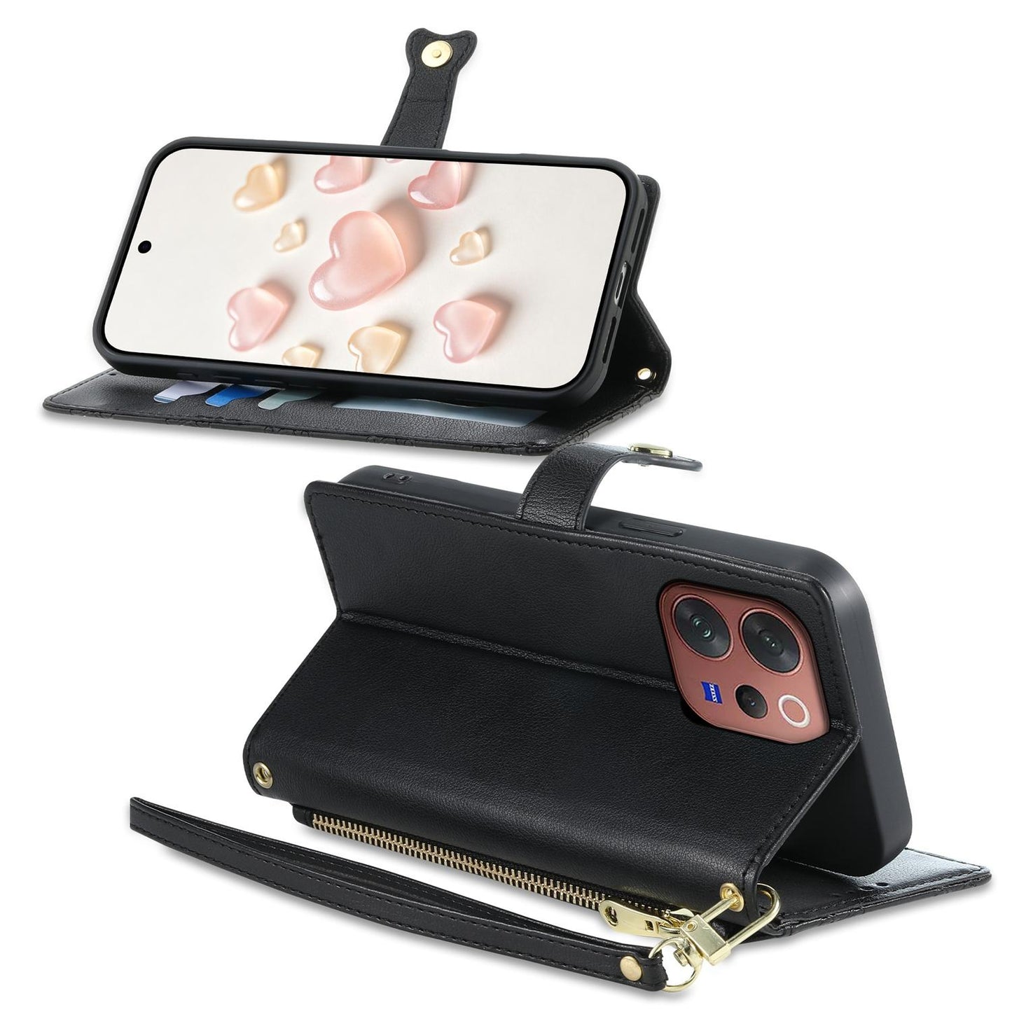 For vivo V70 5G / vivo V70 Elite 5G Zipper Wallet Heart Buckle Vegan Leather Phone Case with Wrist Strap(Black)