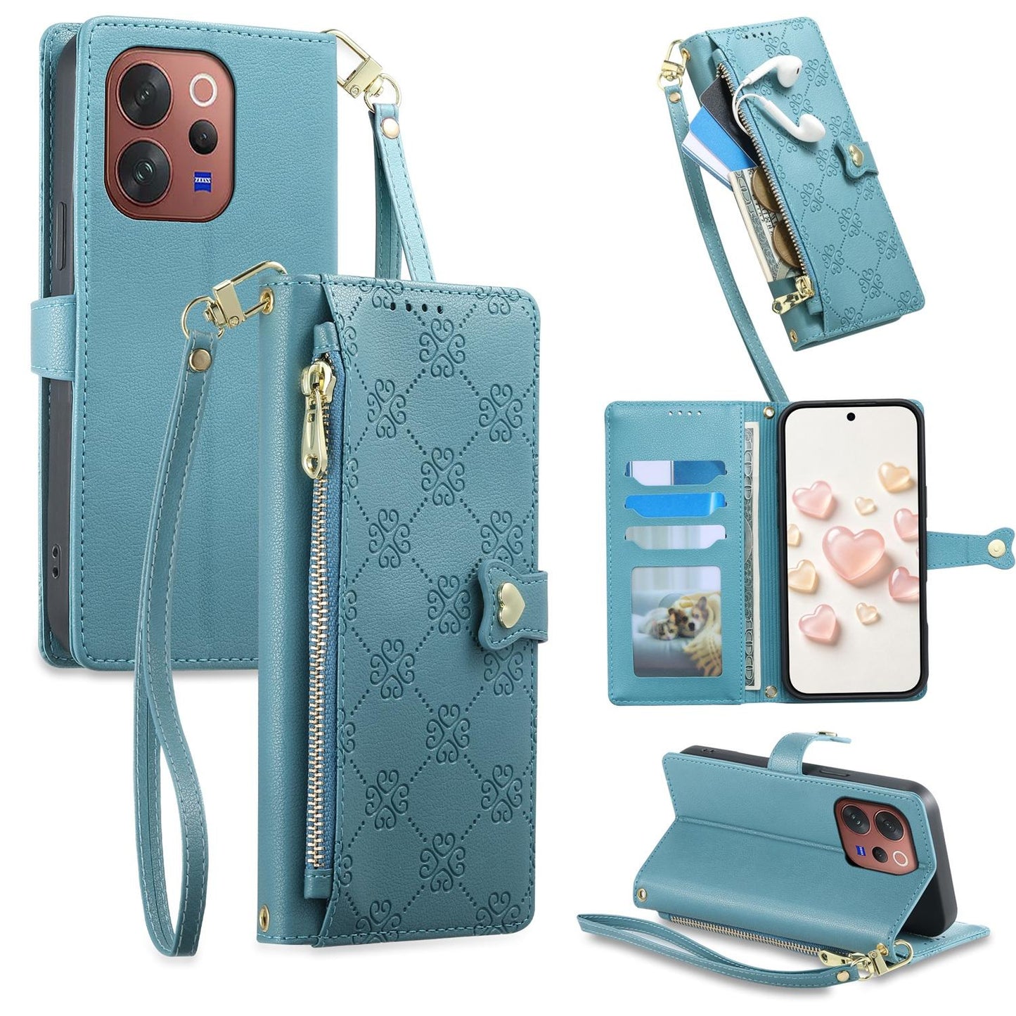 For vivo V70 5G / vivo V70 Elite 5G Zipper Wallet Heart Buckle Vegan Leather Phone Case with Wrist Strap(Lake Blue)