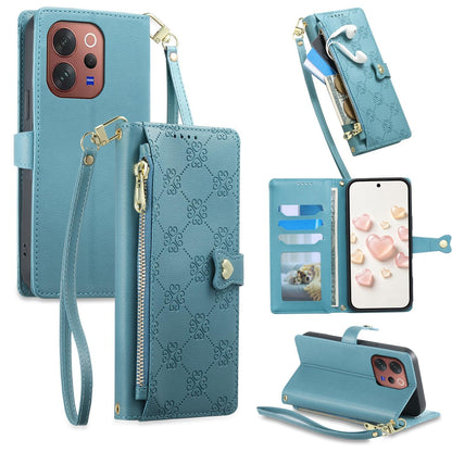 For vivo V70 5G / vivo V70 Elite 5G Zipper Wallet Heart Buckle Vegan Leather Phone Case with Wrist Strap(Lake Blue)