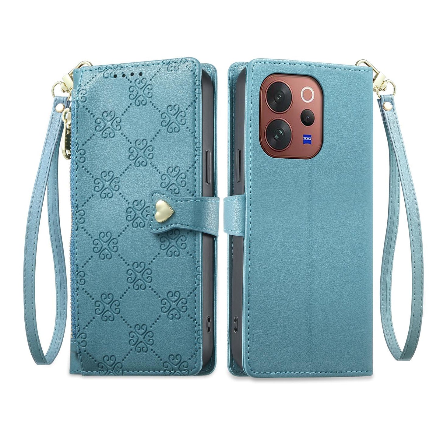 For vivo V70 5G / vivo V70 Elite 5G Zipper Wallet Heart Buckle Vegan Leather Phone Case with Wrist Strap(Lake Blue)