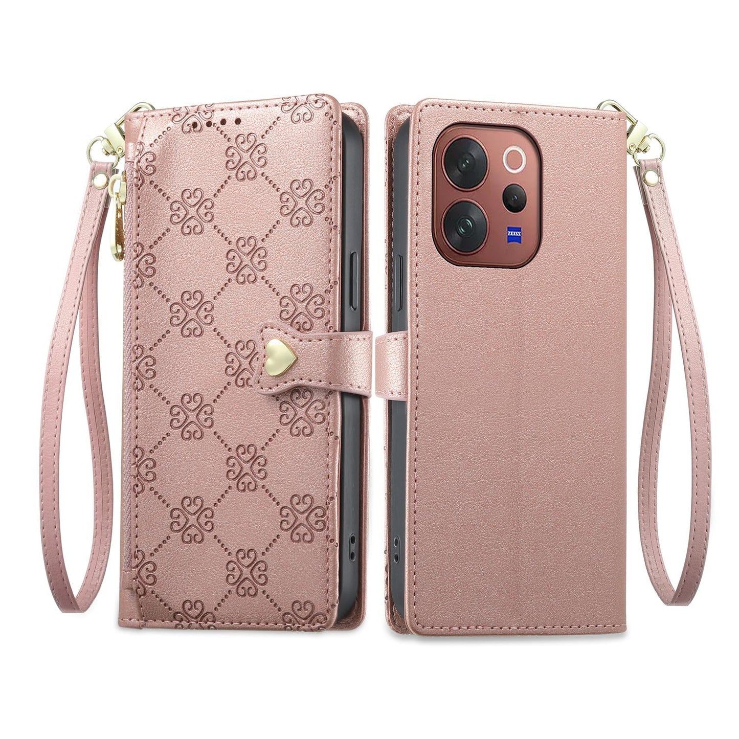 For vivo V70 5G / vivo V70 Elite 5G Zipper Wallet Heart Buckle Vegan Leather Phone Case with Wrist Strap(Pink)