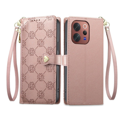 For vivo V70 5G / vivo V70 Elite 5G Zipper Wallet Heart Buckle Vegan Leather Phone Case with Wrist Strap(Pink)