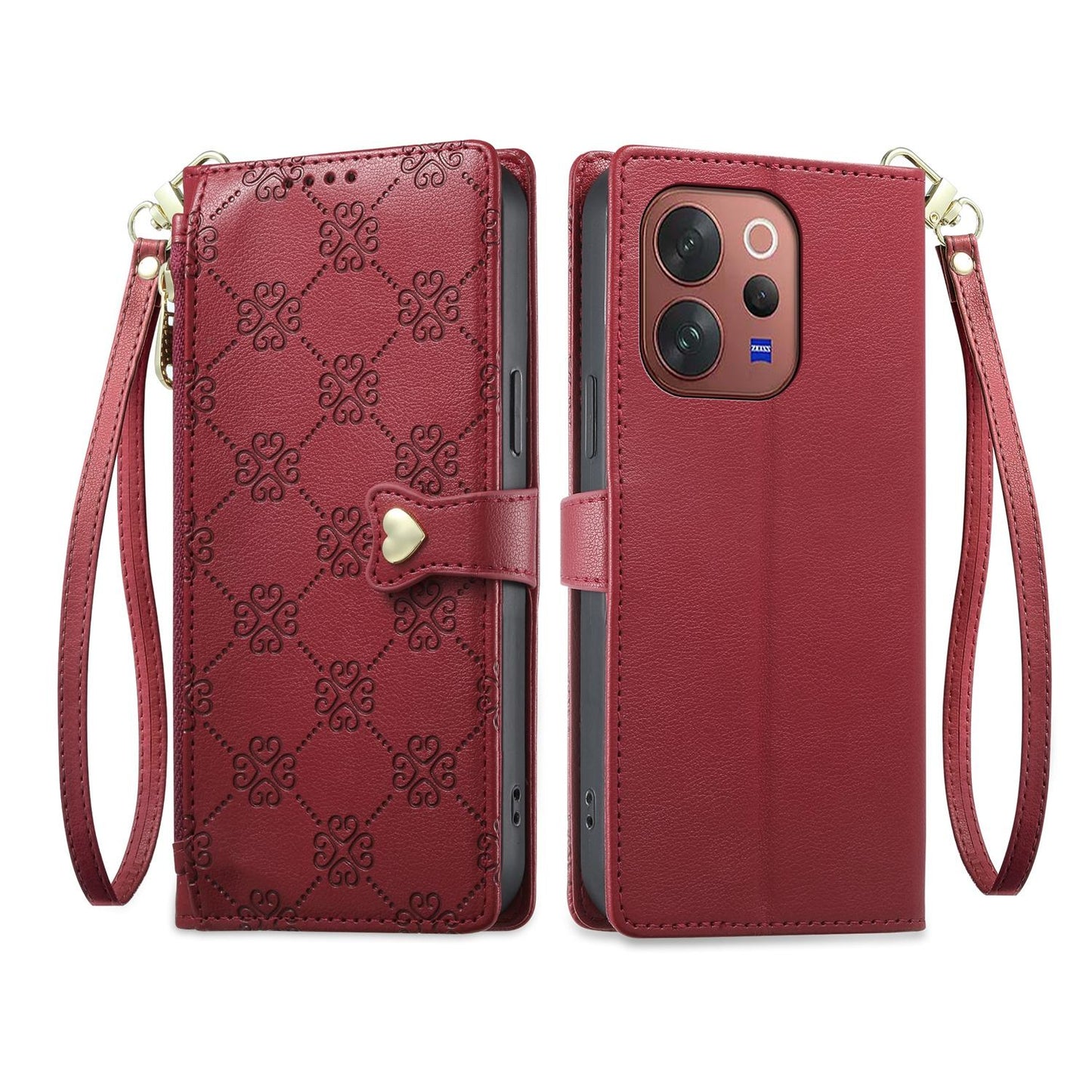 For vivo V70 5G / vivo V70 Elite 5G Zipper Wallet Heart Buckle Vegan Leather Phone Case with Wrist Strap(Red)
