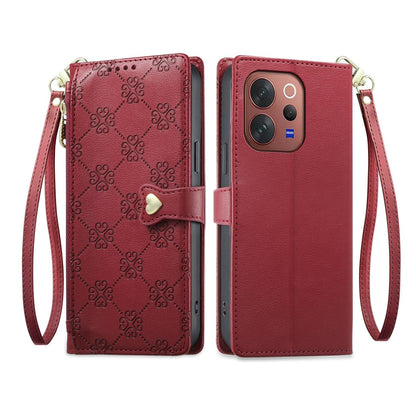 For vivo V70 5G / vivo V70 Elite 5G Zipper Wallet Heart Buckle Vegan Leather Phone Case with Wrist Strap(Red)