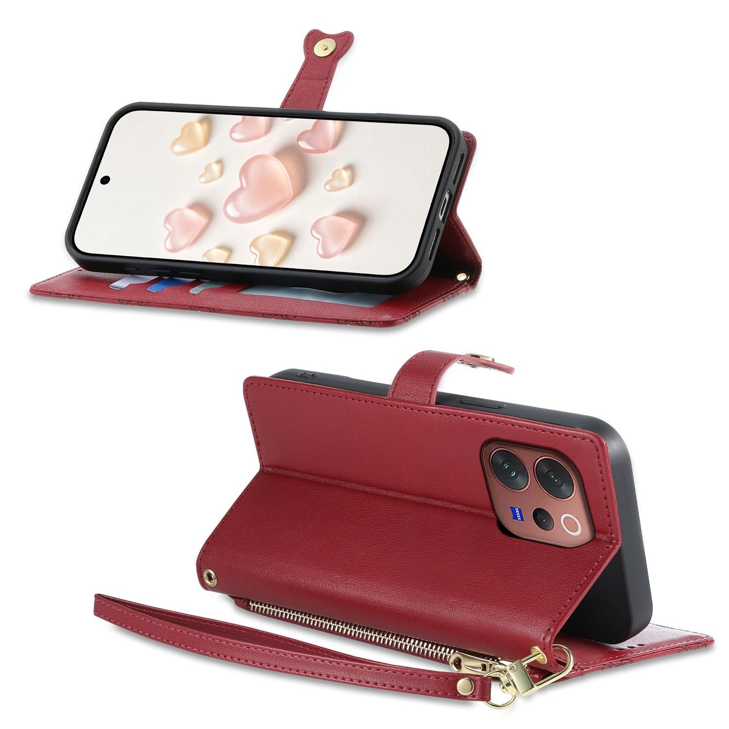 For vivo V70 5G / vivo V70 Elite 5G Zipper Wallet Heart Buckle Vegan Leather Phone Case with Wrist Strap(Red)