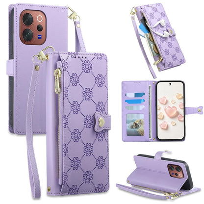 For vivo V70 5G / vivo V70 Elite 5G Zipper Wallet Heart Buckle Vegan Leather Phone Case with Wrist Strap(Purple)
