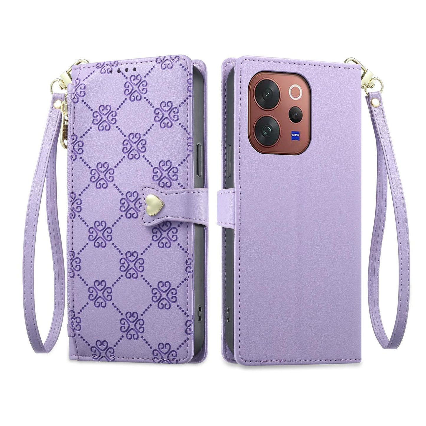 For vivo V70 5G / vivo V70 Elite 5G Zipper Wallet Heart Buckle Vegan Leather Phone Case with Wrist Strap(Purple)