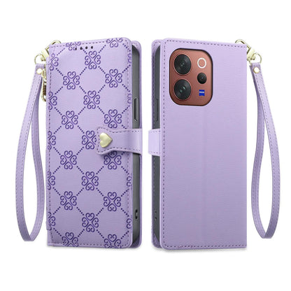 For vivo V70 5G / vivo V70 Elite 5G Zipper Wallet Heart Buckle Vegan Leather Phone Case with Wrist Strap(Purple)