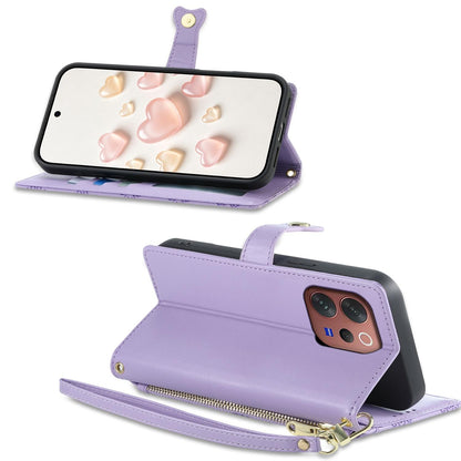 For vivo V70 5G / vivo V70 Elite 5G Zipper Wallet Heart Buckle Vegan Leather Phone Case with Wrist Strap(Purple)