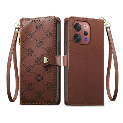 For vivo V70 5G / vivo V70 Elite 5G Zipper Wallet Heart Buckle Vegan Leather Phone Case with Wrist Strap(Brown)