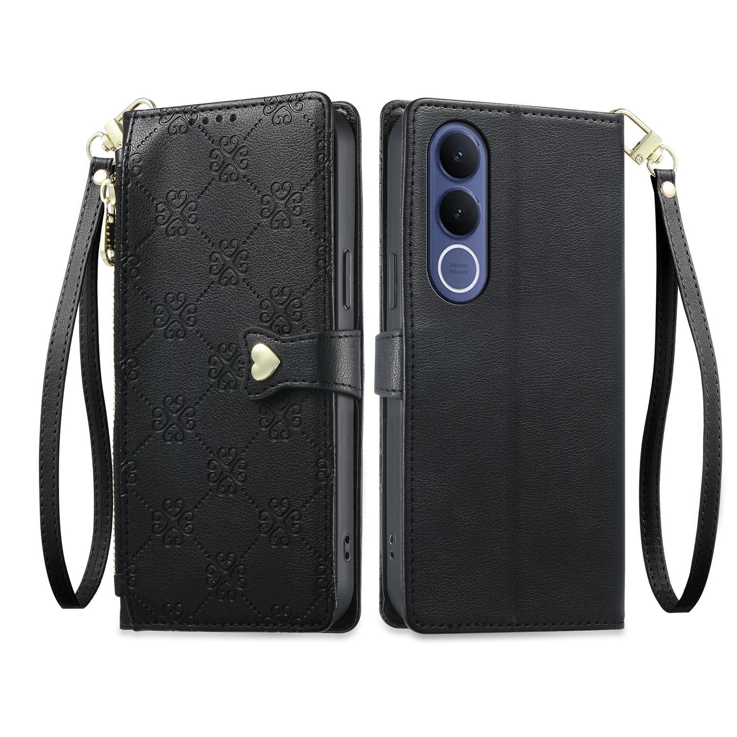 For vivo V70 FE 5G Zipper Wallet Heart Buckle Vegan Leather Phone Case with Wrist Strap(Black)
