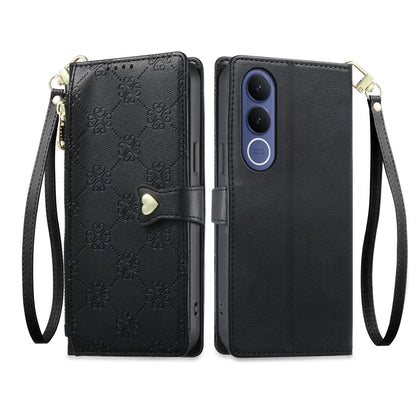 For vivo V70 FE 5G Zipper Wallet Heart Buckle Vegan Leather Phone Case with Wrist Strap(Black)