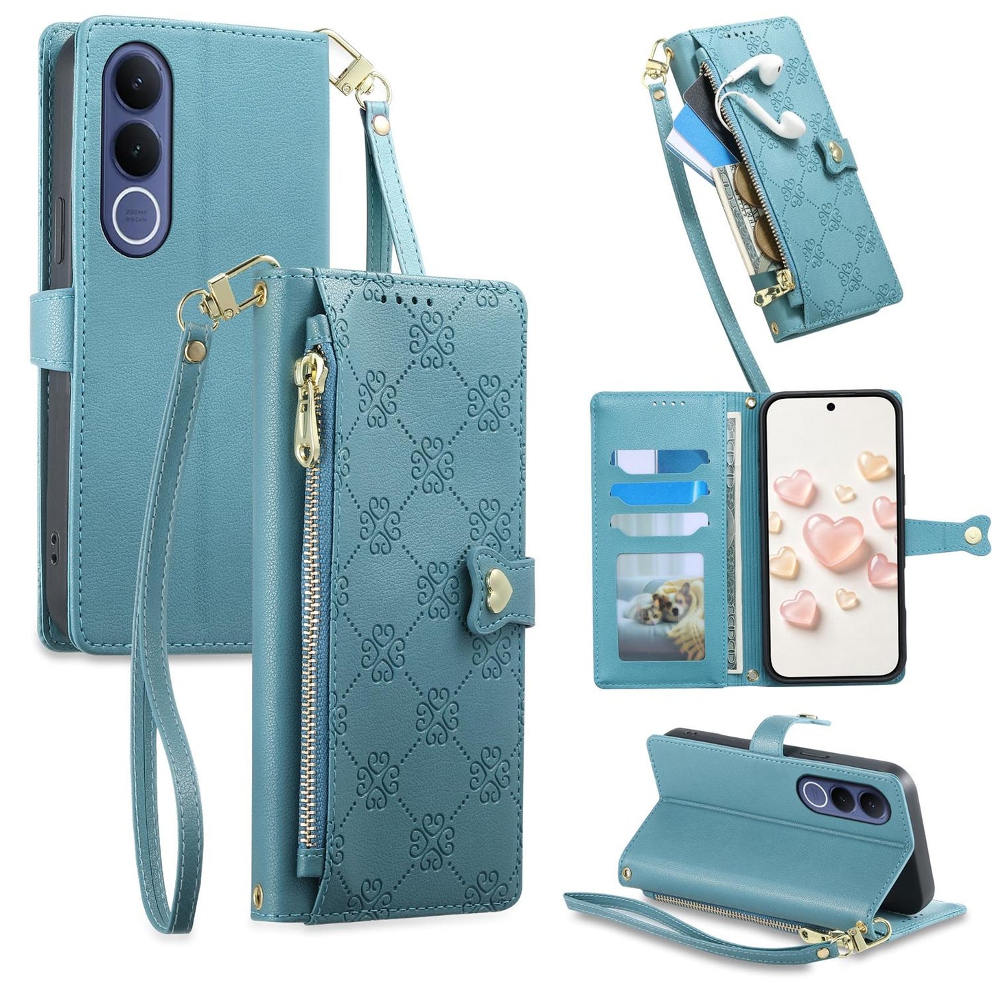 For vivo V70 FE 5G Zipper Wallet Heart Buckle Vegan Leather Phone Case with Wrist Strap(Lake Blue)