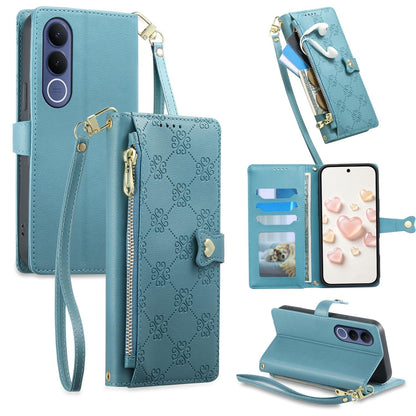 For vivo V70 FE 5G Zipper Wallet Heart Buckle Vegan Leather Phone Case with Wrist Strap(Lake Blue)