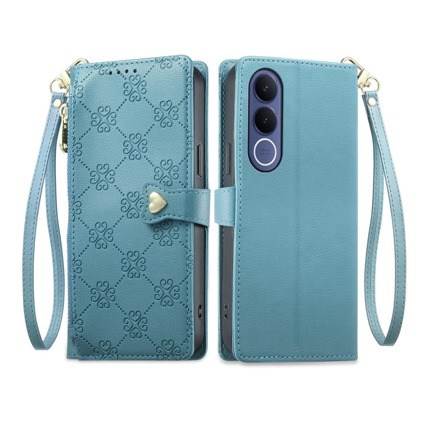 For vivo V70 FE 5G Zipper Wallet Heart Buckle Vegan Leather Phone Case with Wrist Strap(Lake Blue)