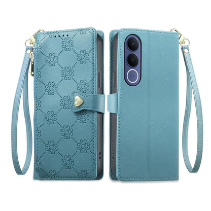 For vivo V70 FE 5G Zipper Wallet Heart Buckle Vegan Leather Phone Case with Wrist Strap(Lake Blue)