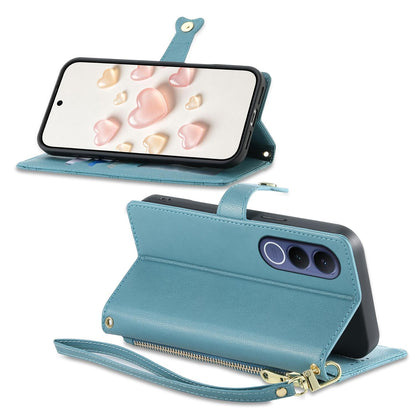 For vivo V70 FE 5G Zipper Wallet Heart Buckle Vegan Leather Phone Case with Wrist Strap(Lake Blue)