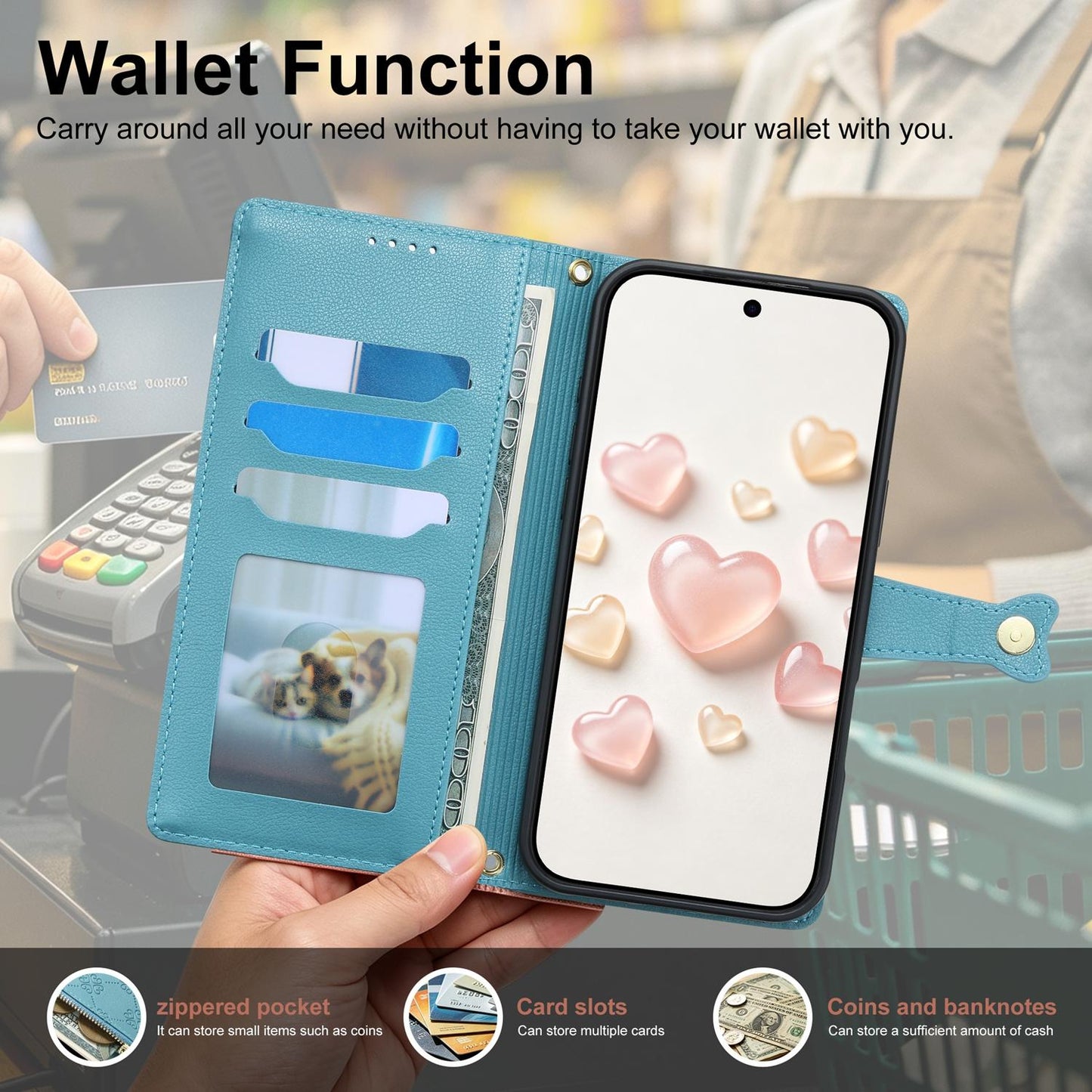 For vivo V70 FE 5G Zipper Wallet Heart Buckle Vegan Leather Phone Case with Wrist Strap(Lake Blue)
