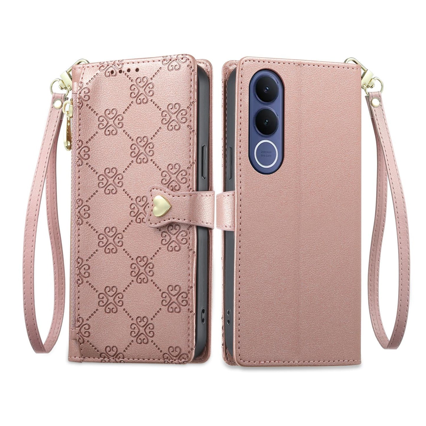 For vivo V70 FE 5G Zipper Wallet Heart Buckle Vegan Leather Phone Case with Wrist Strap(Pink)