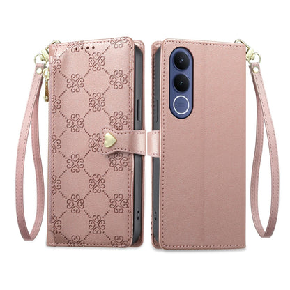 For vivo V70 FE 5G Zipper Wallet Heart Buckle Vegan Leather Phone Case with Wrist Strap(Pink)
